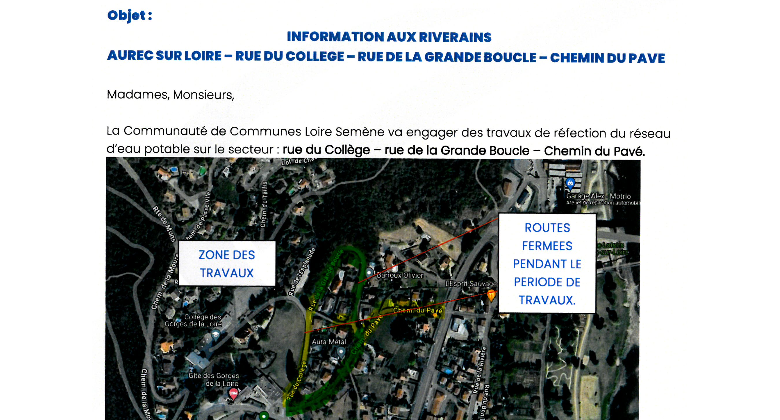 INFORMATION AUX RIVERAINS AUREC SUR LOIRE - RUE DU COLLEGE - RUE DE LA (...)